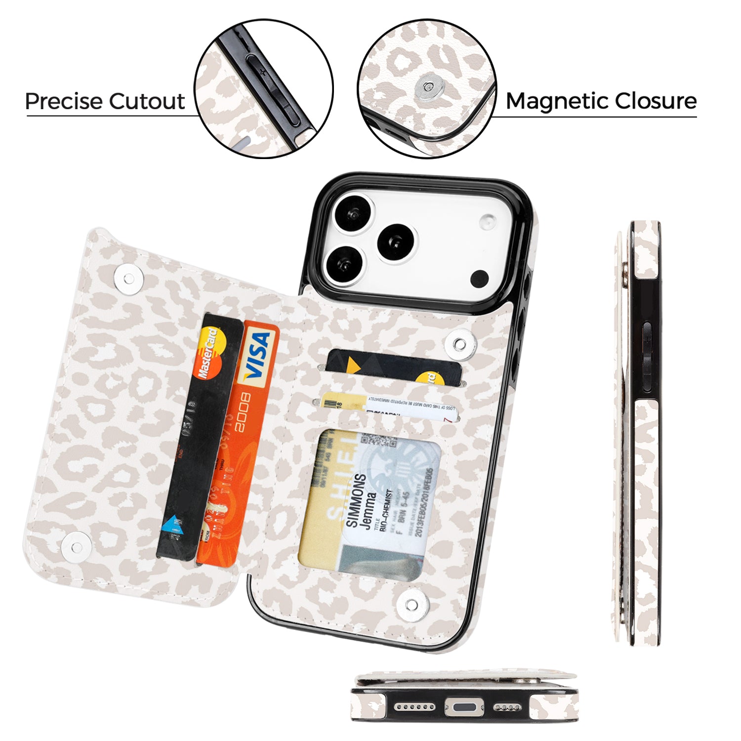 Cream Leopard RFID Flip Wallet Case for iPhone 17–12 – Card Holder & Kickstand – product image 9