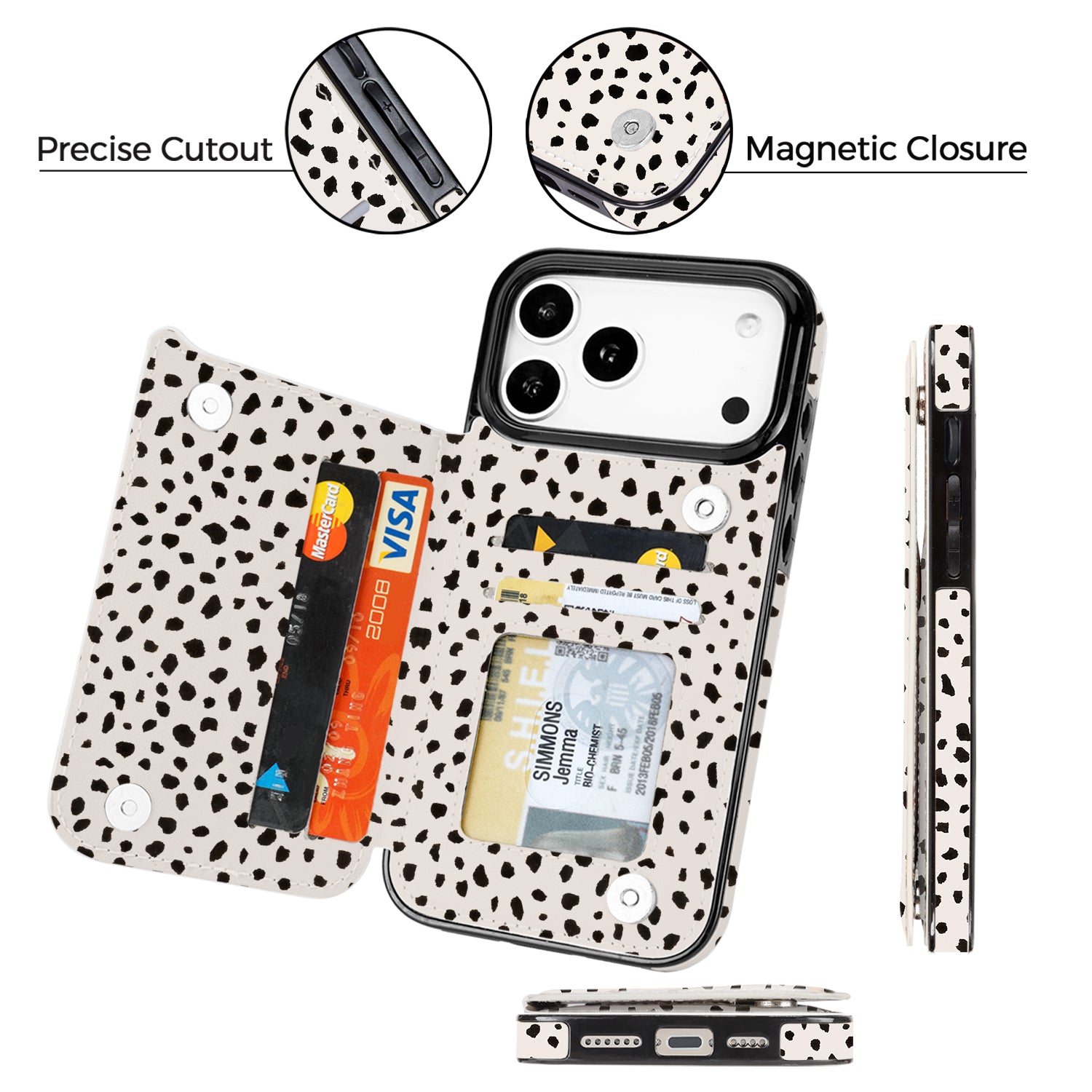 Dalmatian Spot RFID Flip Wallet Case for iPhone 17–12 – Card Holder & Kickstand – product view 11