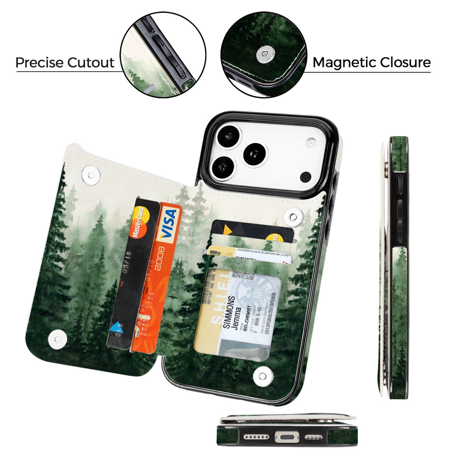 Forest Mist Double-Buckle Flip Wallet Case for iPhone 17–12 – 3–4 Card Holder & Kickstand – product image 4