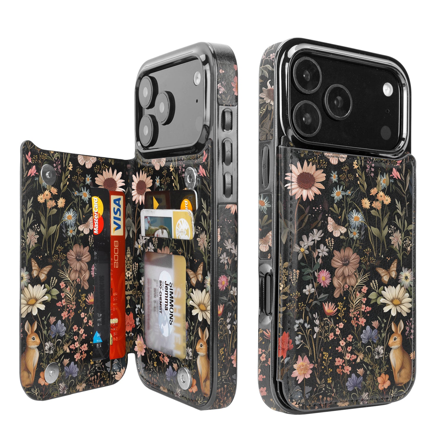 Midnight Meadow double-buckle Flip Wallet Case for iPhone 17-12 Series - Midnight Meadow double-buckle card holder wallet case