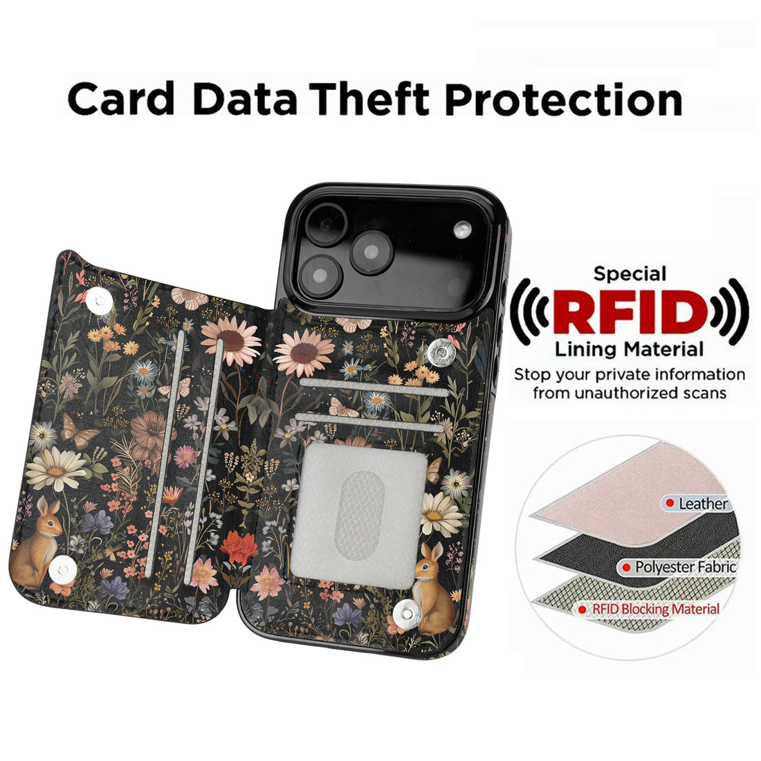 Midnight Meadow double-buckle Flip Wallet Case for iPhone 17-12 Series - Midnight Meadow double-buckle card holder wallet case