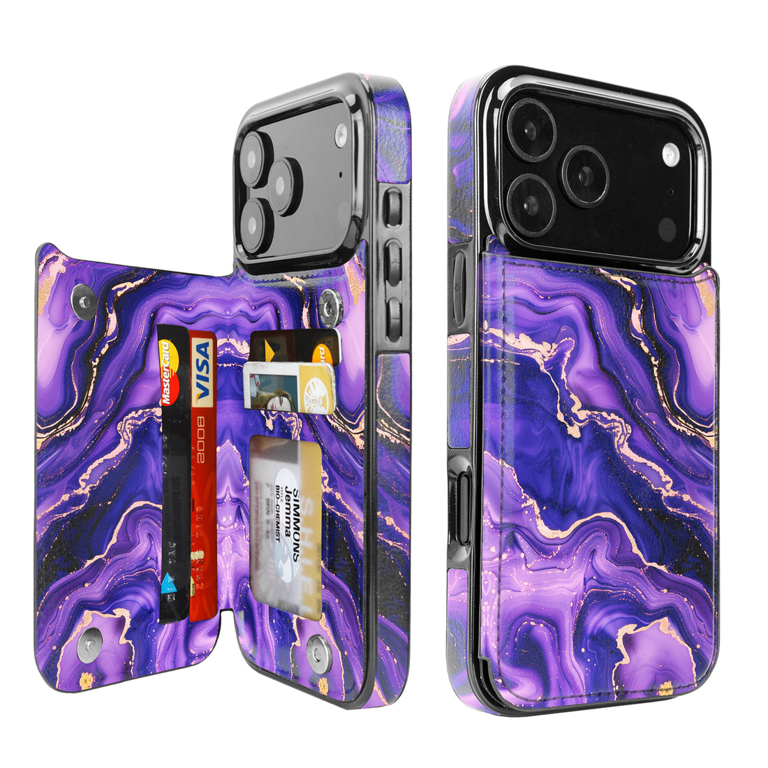 Purple Marble Gold RFID Flip Wallet Case for iPhone 17-12 Series - purple marble gold RFID card holder wallet case