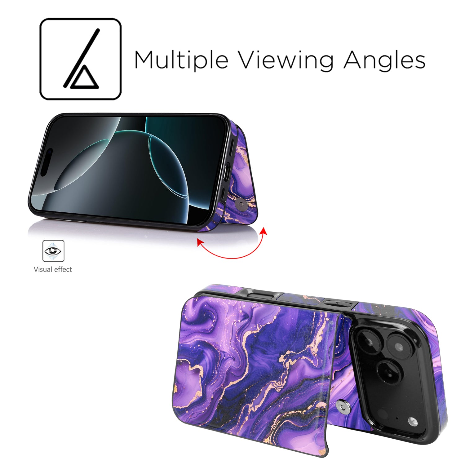 Purple Marble Gold RFID Flip Wallet Case for iPhone 17–12 – Card Holder & Kickstand – product image 4