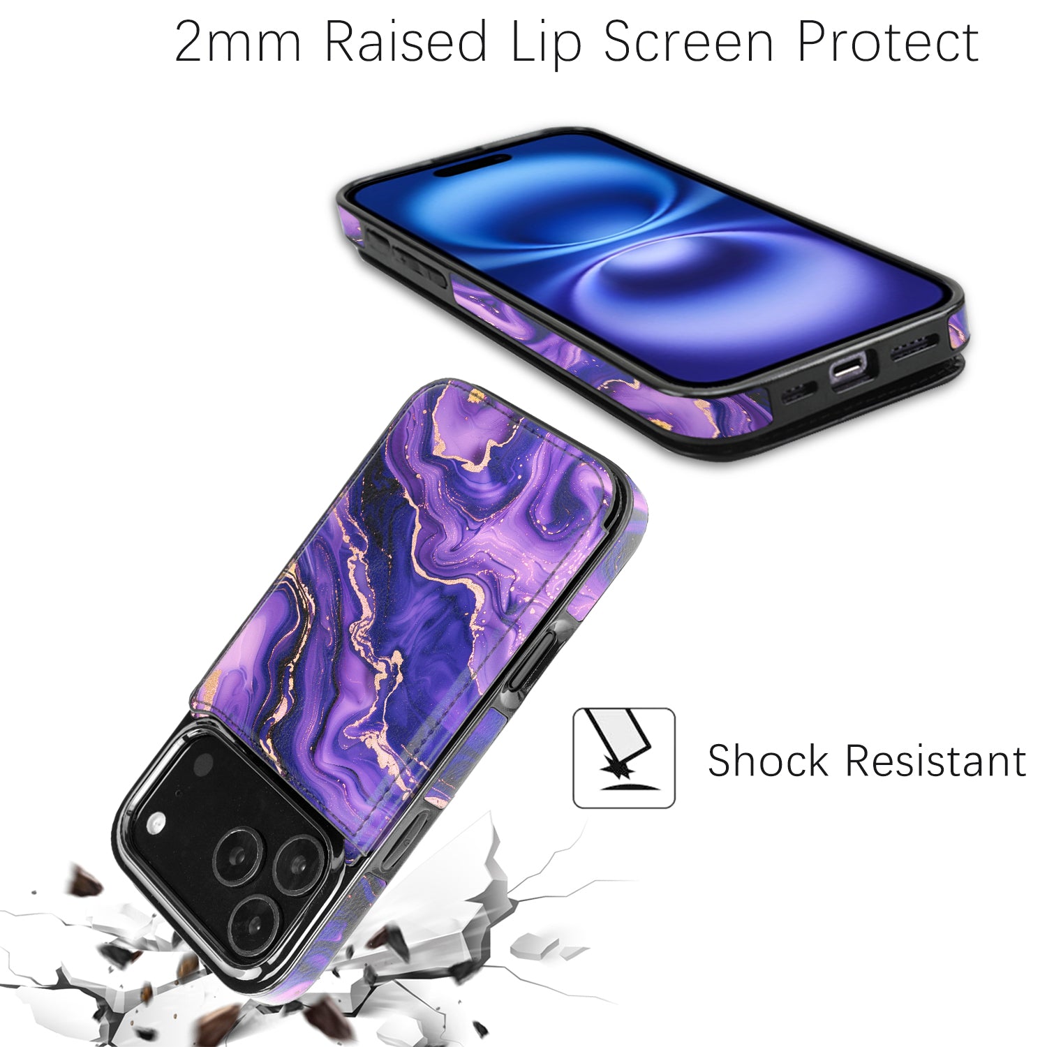 Purple Marble Gold RFID Flip Wallet Case for iPhone 17–12 – Card Holder & Kickstand – product image 5