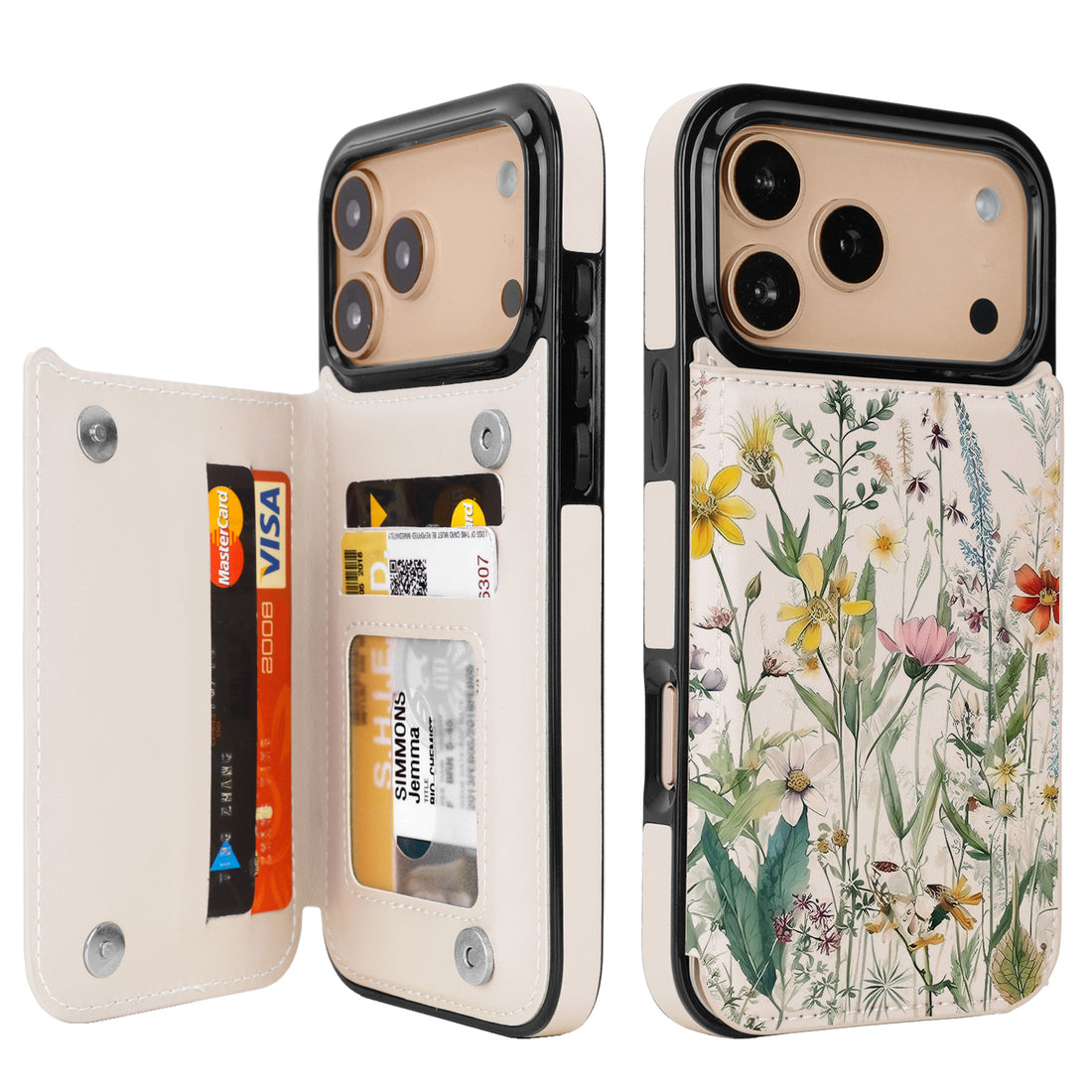 Wildflower Botanical RFID Flip Wallet Case for iPhone 17-12 Series - cream wildflower botanical RFID card holder wallet case