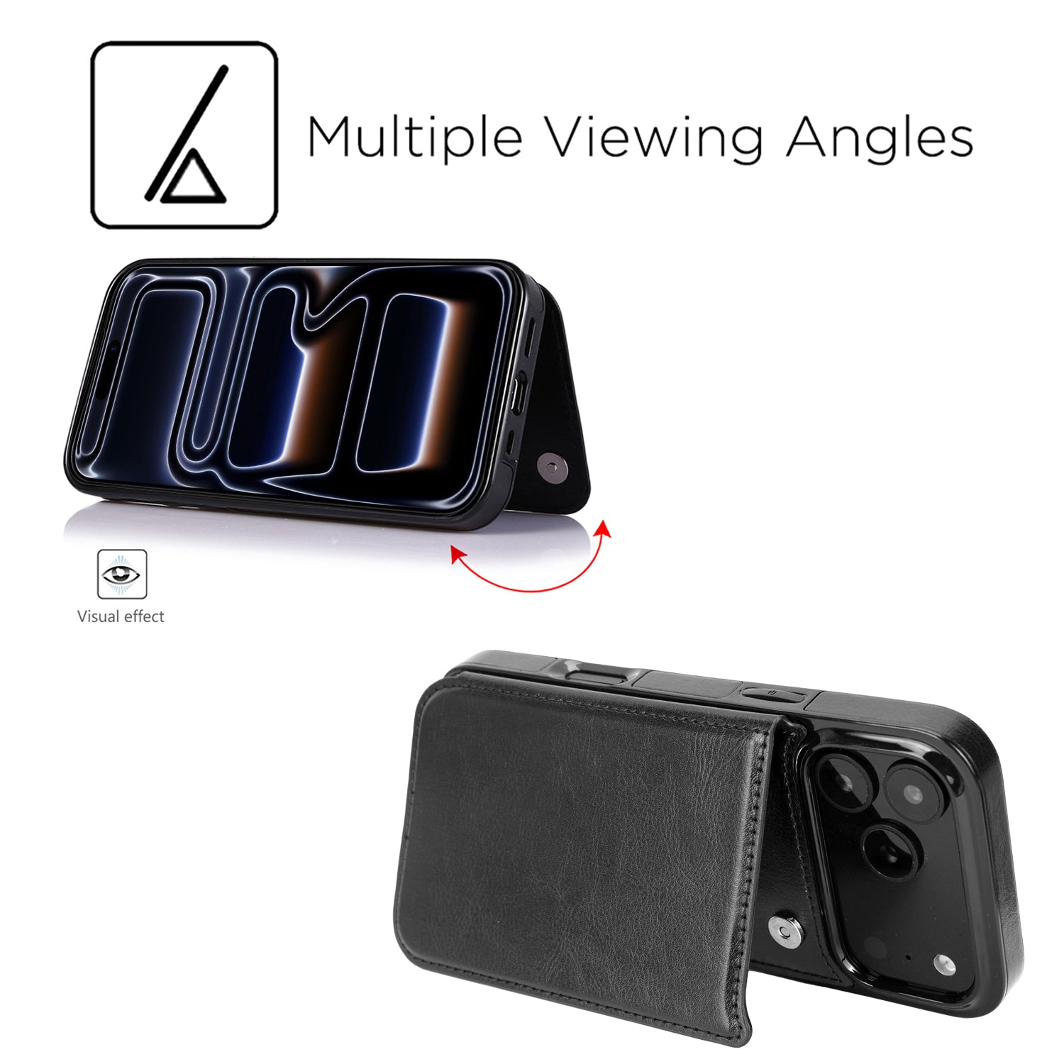 Classic Black wallet phone case kickstand with multiple viewing angles