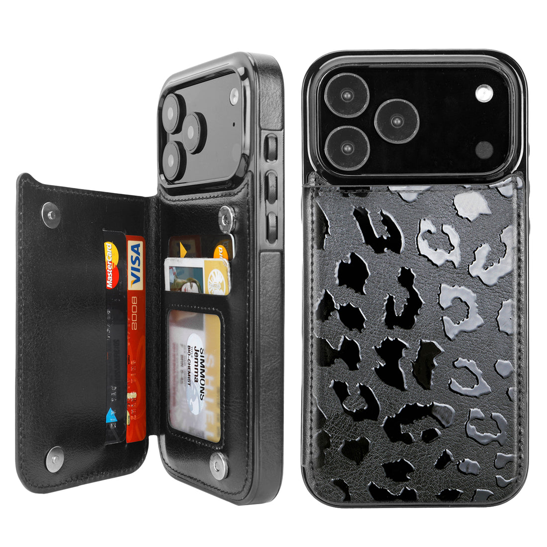 Black Leopard RFID Flip Wallet Case for iPhone 17-12 Series - black leopard RFID card holder wallet case