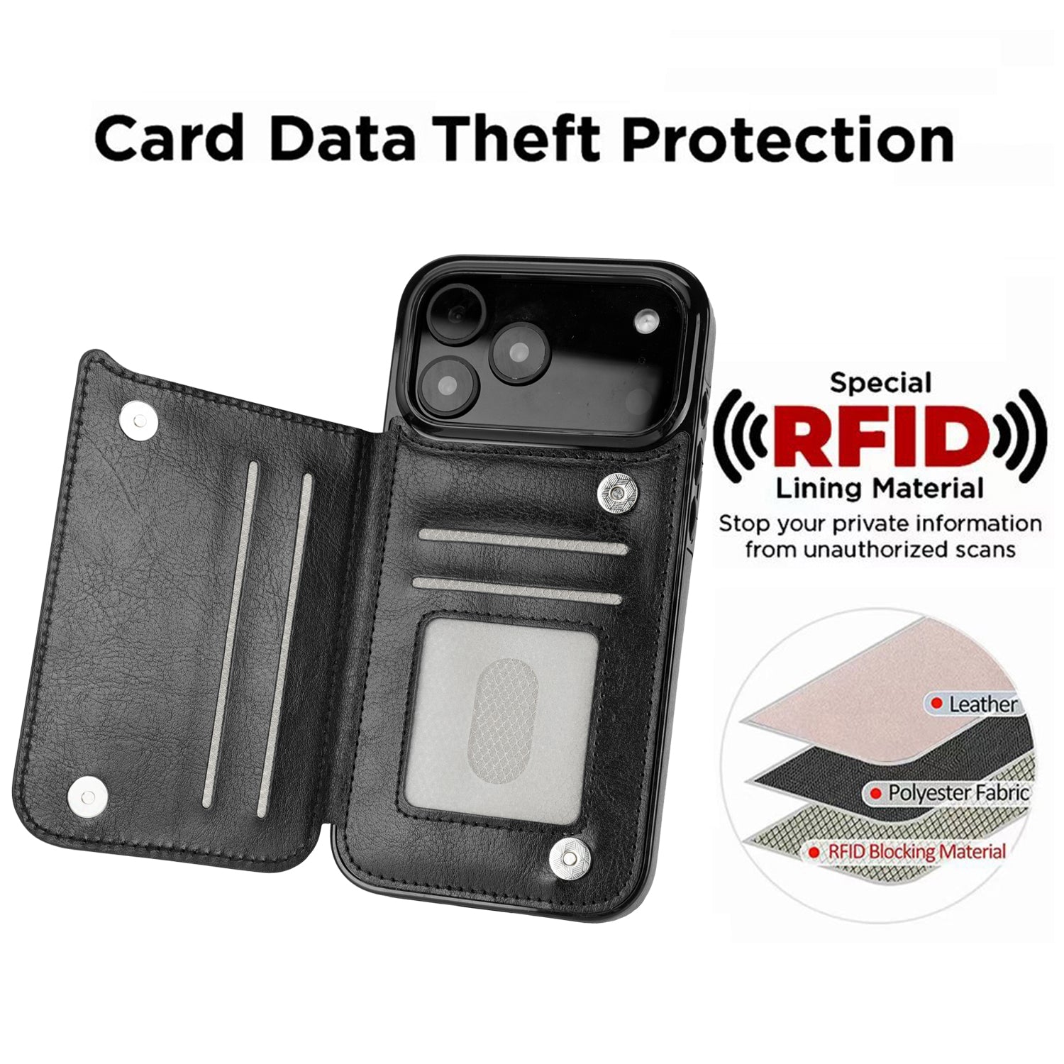 Black Leopard RFID Flip Wallet Case for iPhone 17–12 – Card Holder & Kickstand – product view 6
