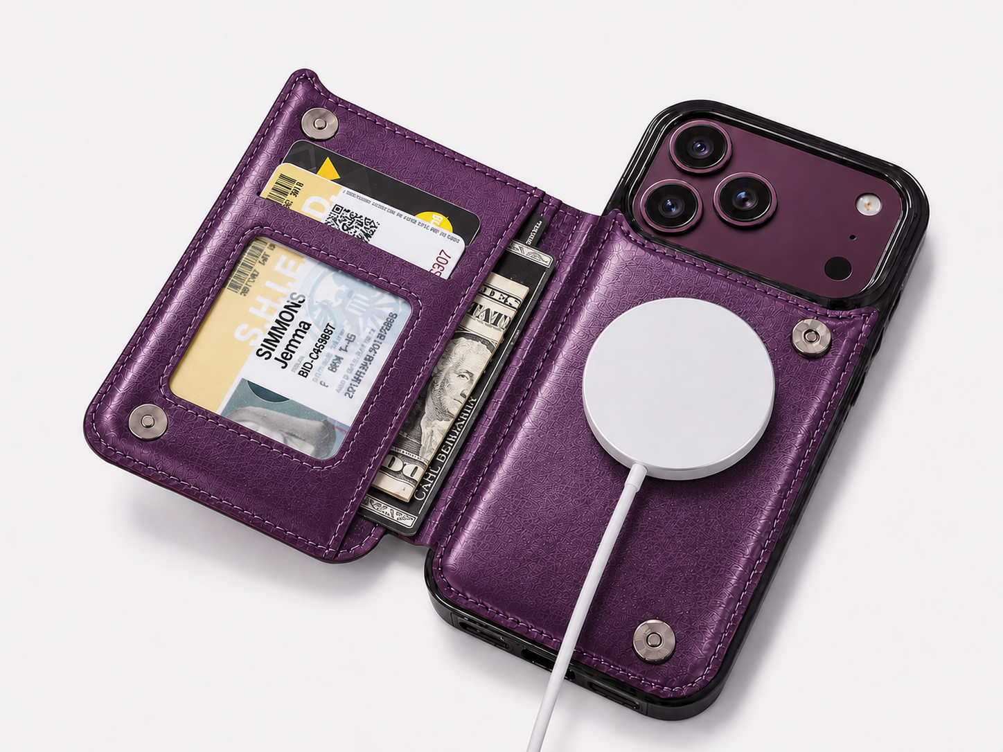 Amethyst purple MagSafe flip wallet case open with card slots and magnetic charging ring