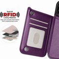 RFID-blocking lining and card slots inside an amethyst purple MagSafe flip wallet case