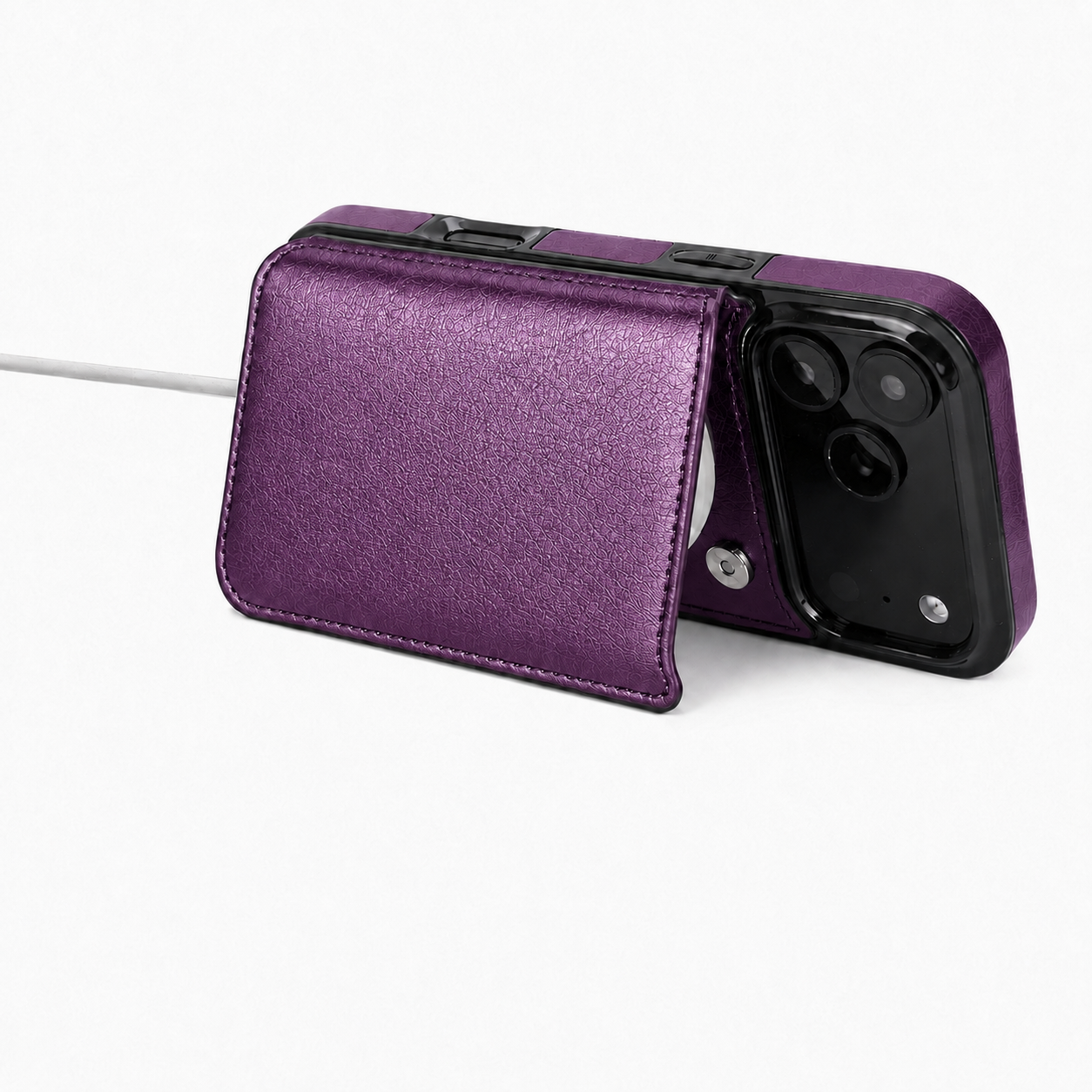 Amethyst purple MagSafe flip wallet case folded into a horizontal viewing stand