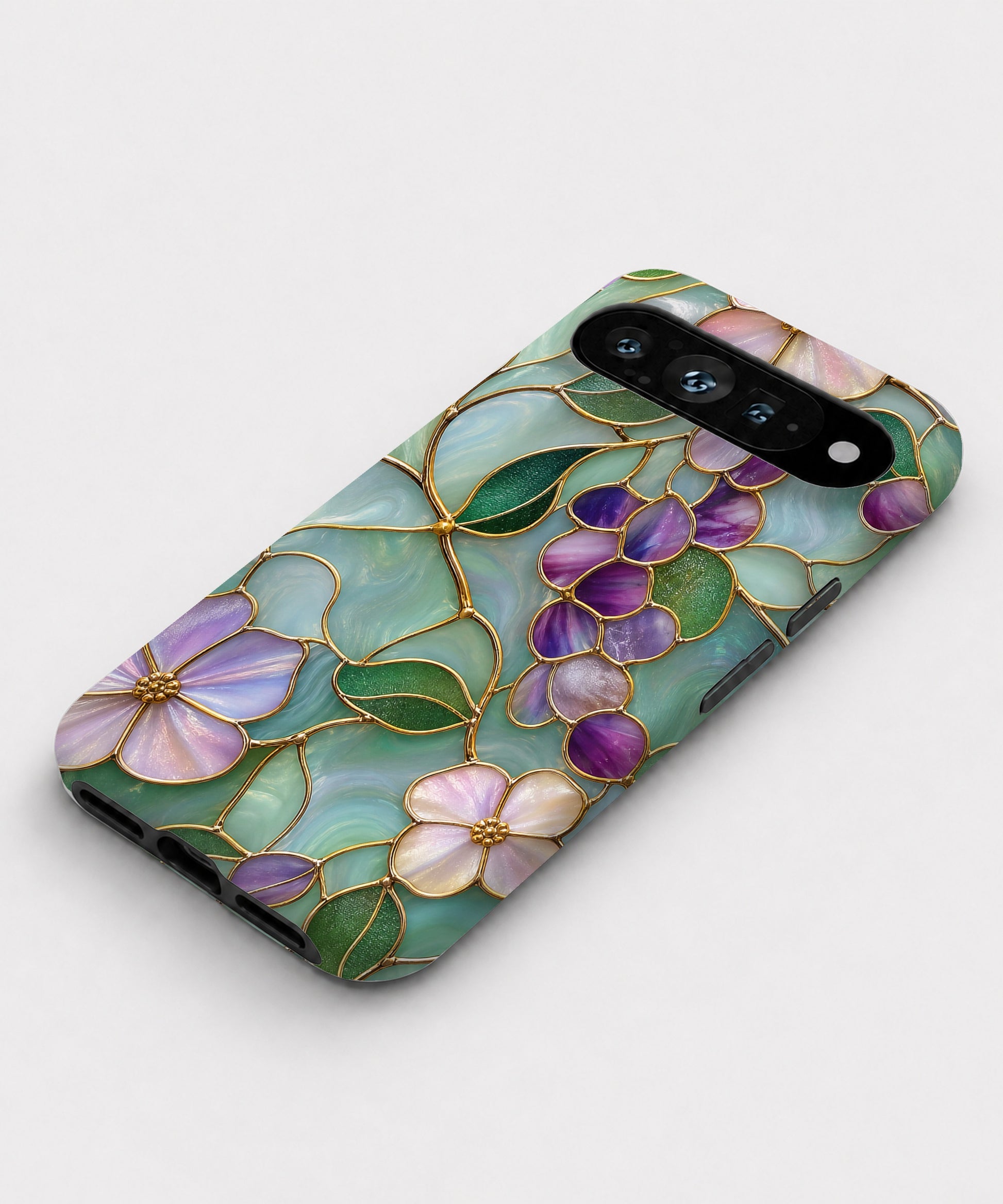 Aqua Grape Stained Glass Floral Google Pixel case front view