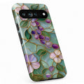 Aqua Grape Stained Glass Floral Google Pixel case with botanical flowers and leaves