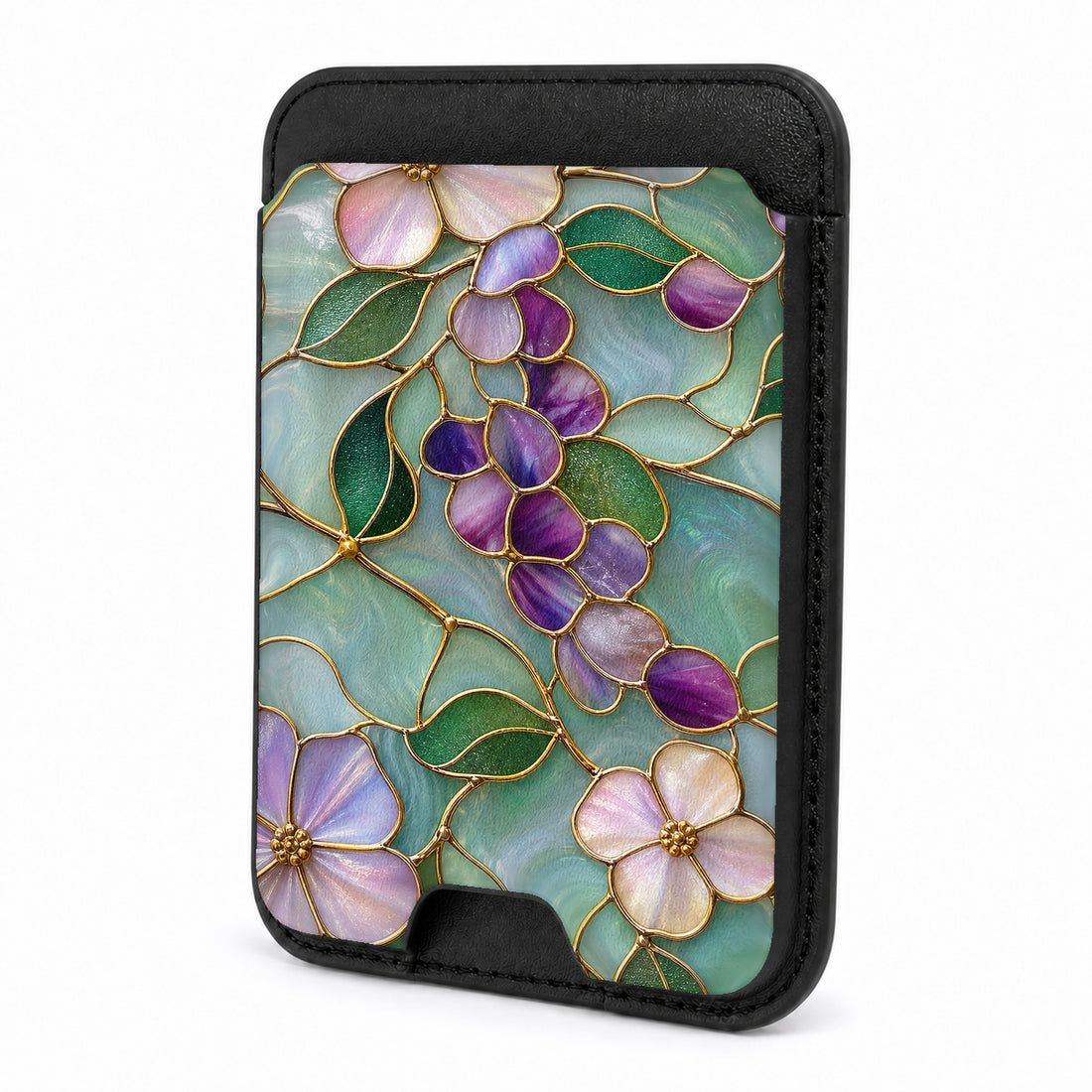 Front view of the Aqua Grape Stained Glass Floral MagSafe card holder on a white background