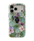 Aqua Grape Stained Glass Floral MagSafe Loop iPhone Case with built-in finger loop closed