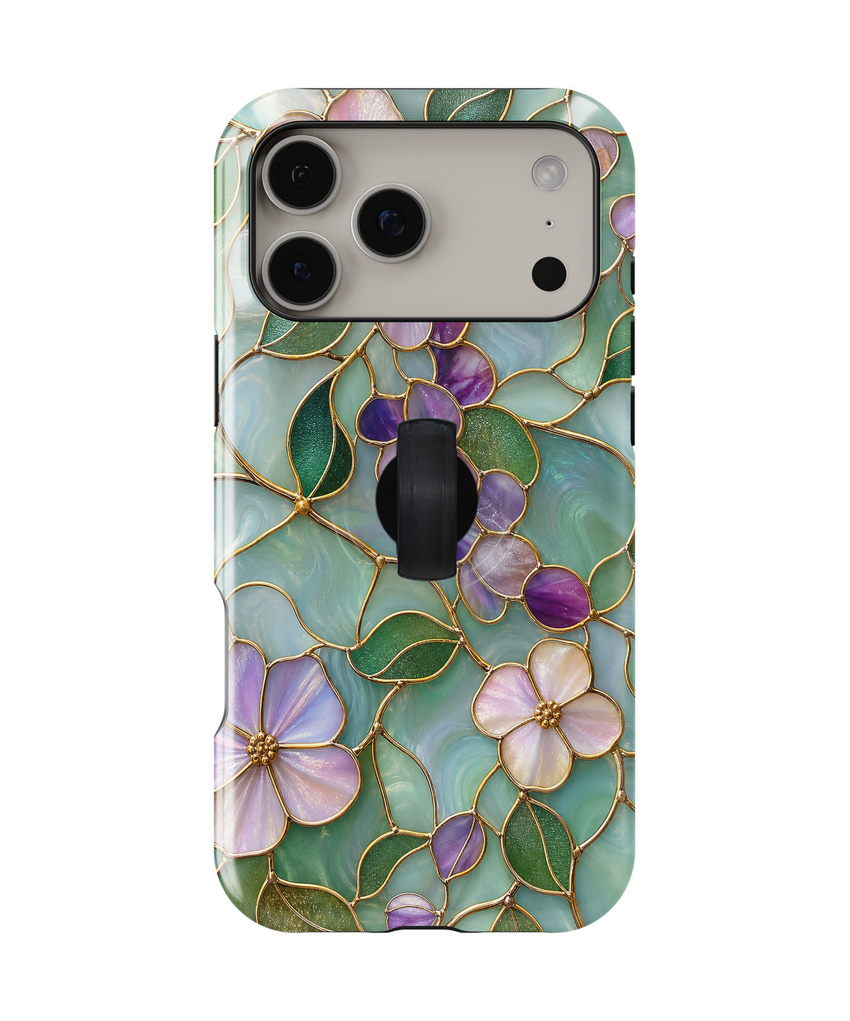 Aqua Grape Stained Glass Floral MagSafe Loop iPhone Case with built-in finger loop closed