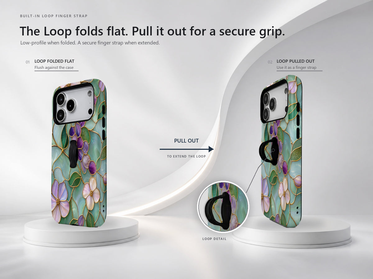 Aqua Grape Stained Glass Floral MagSafe Loop iPhone Case side view showing the built-in finger loop