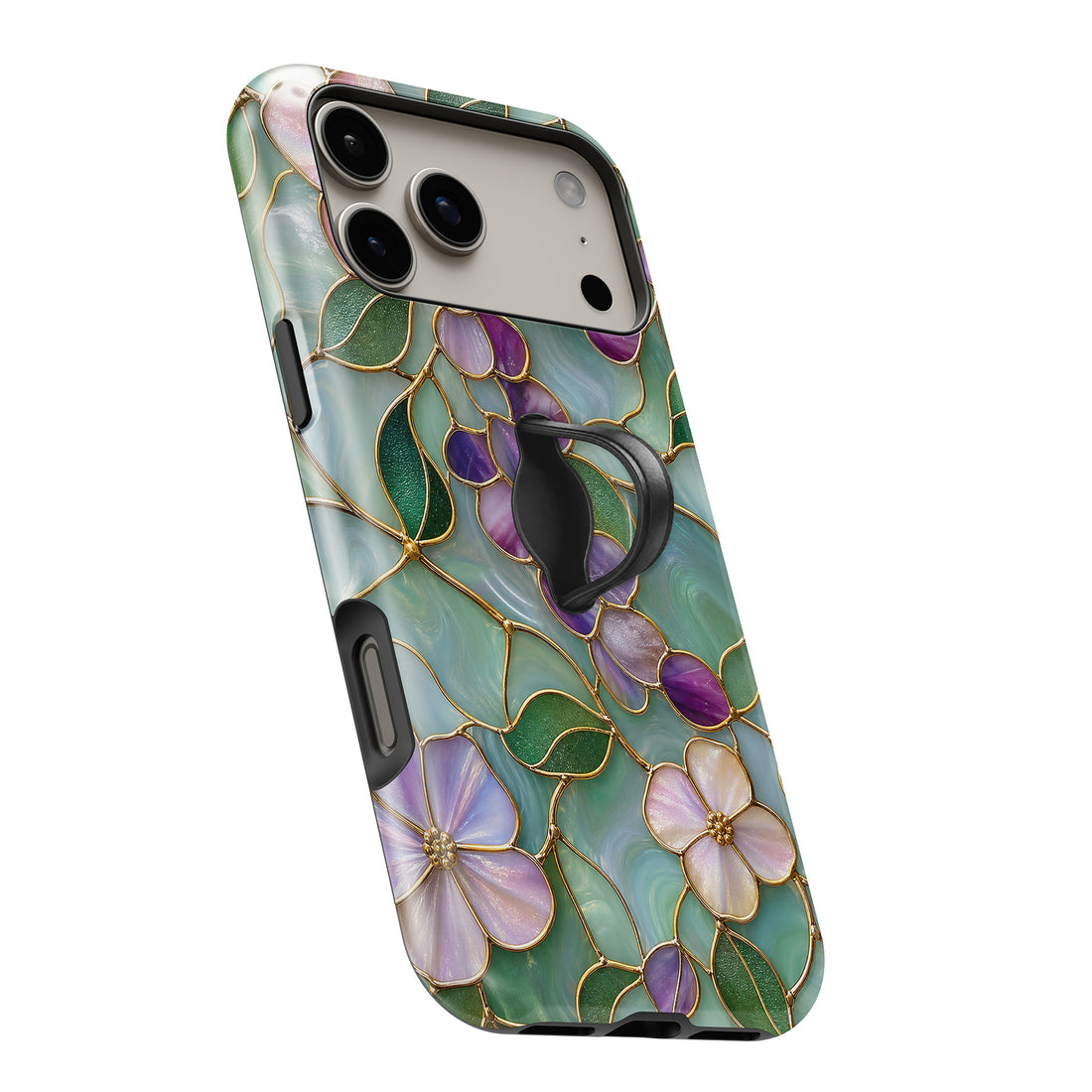 Aqua Grape Stained Glass Floral MagSafe Loop iPhone case with built-in finger loop open