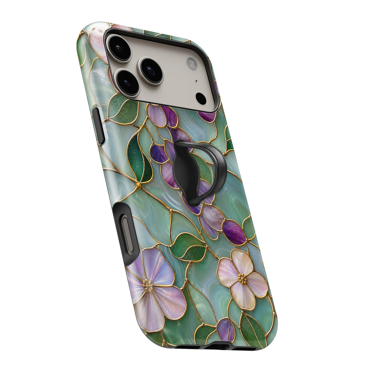 Aqua Grape Stained Glass Floral MagSafe Loop iPhone case with built-in finger loop open