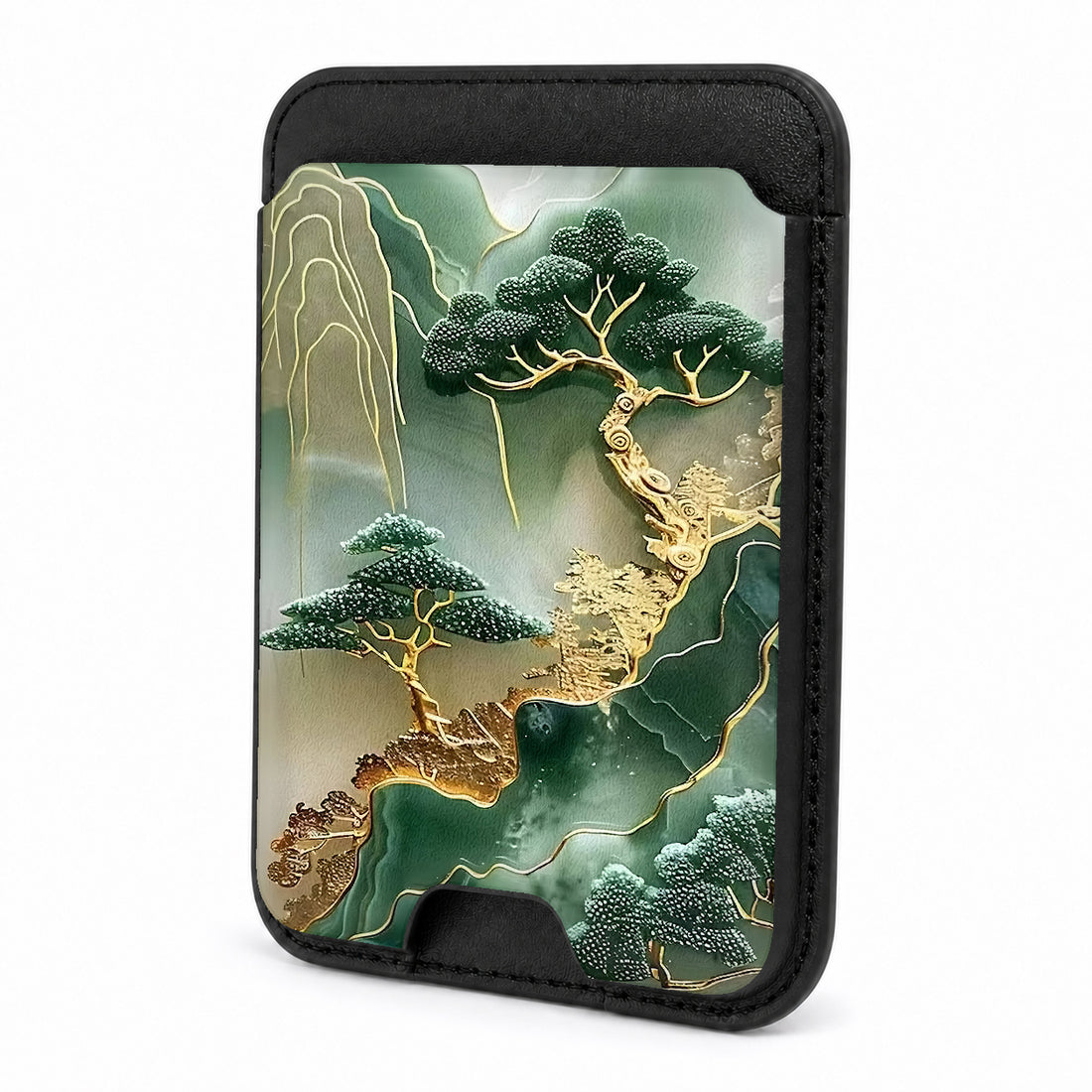 Front view of the Asian Jade Landscape MagSafe card holder on a white background