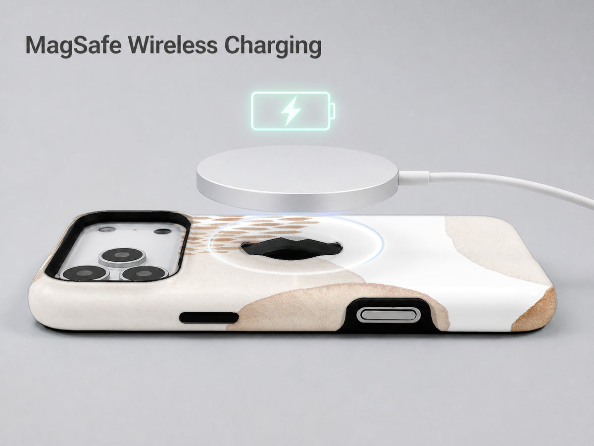 Beige Abstract Pebble MagSafe Loop iPhone Case shown with a MagSafe-compatible wireless charger attached