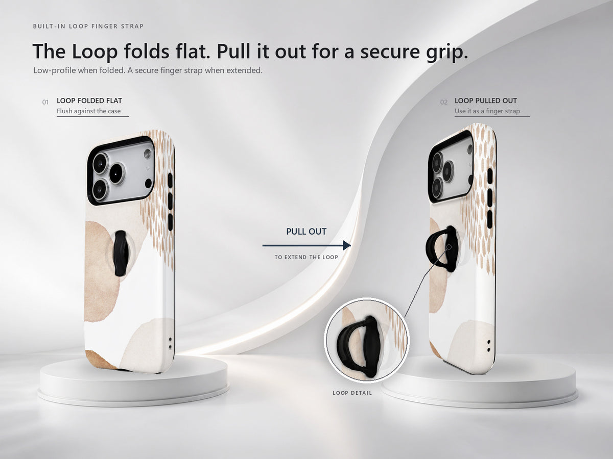 Beige Abstract Pebble MagSafe Loop iPhone Case side view showing the built-in finger loop