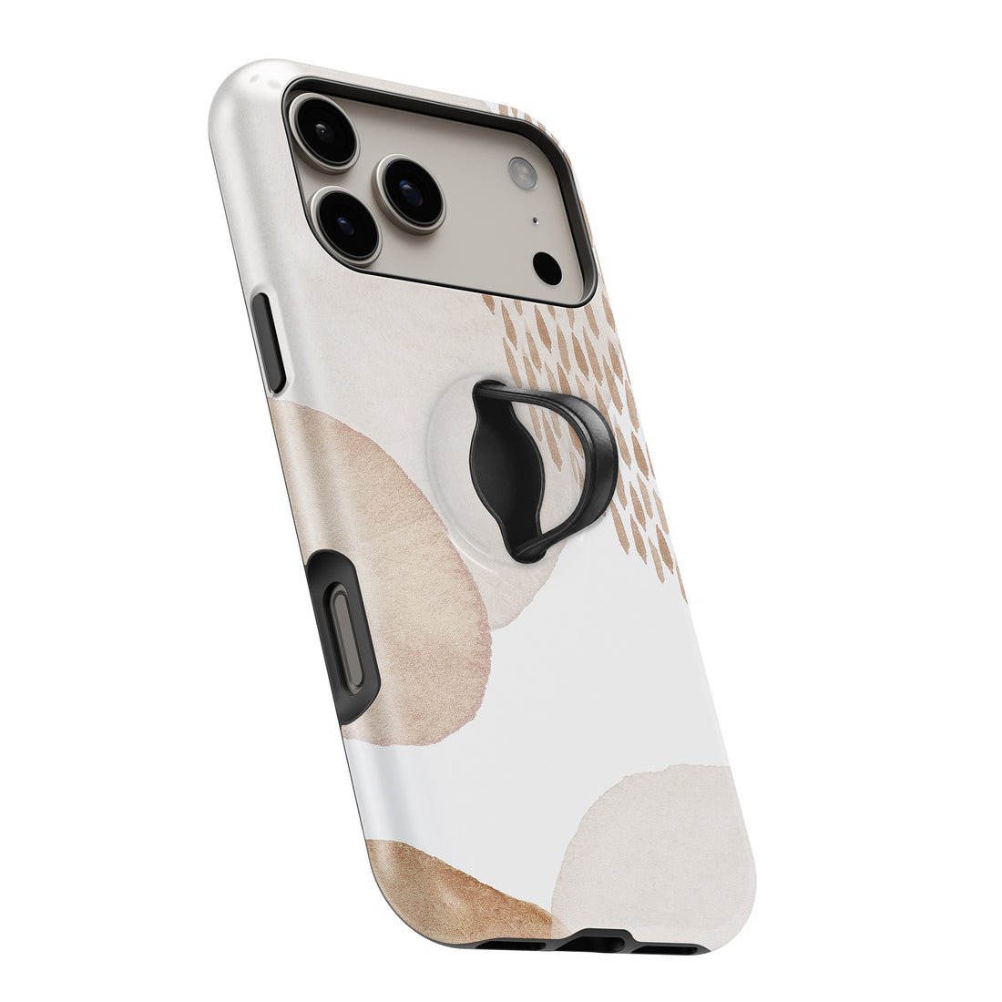Beige Abstract Pebble MagSafe Loop iPhone case with built-in finger loop open