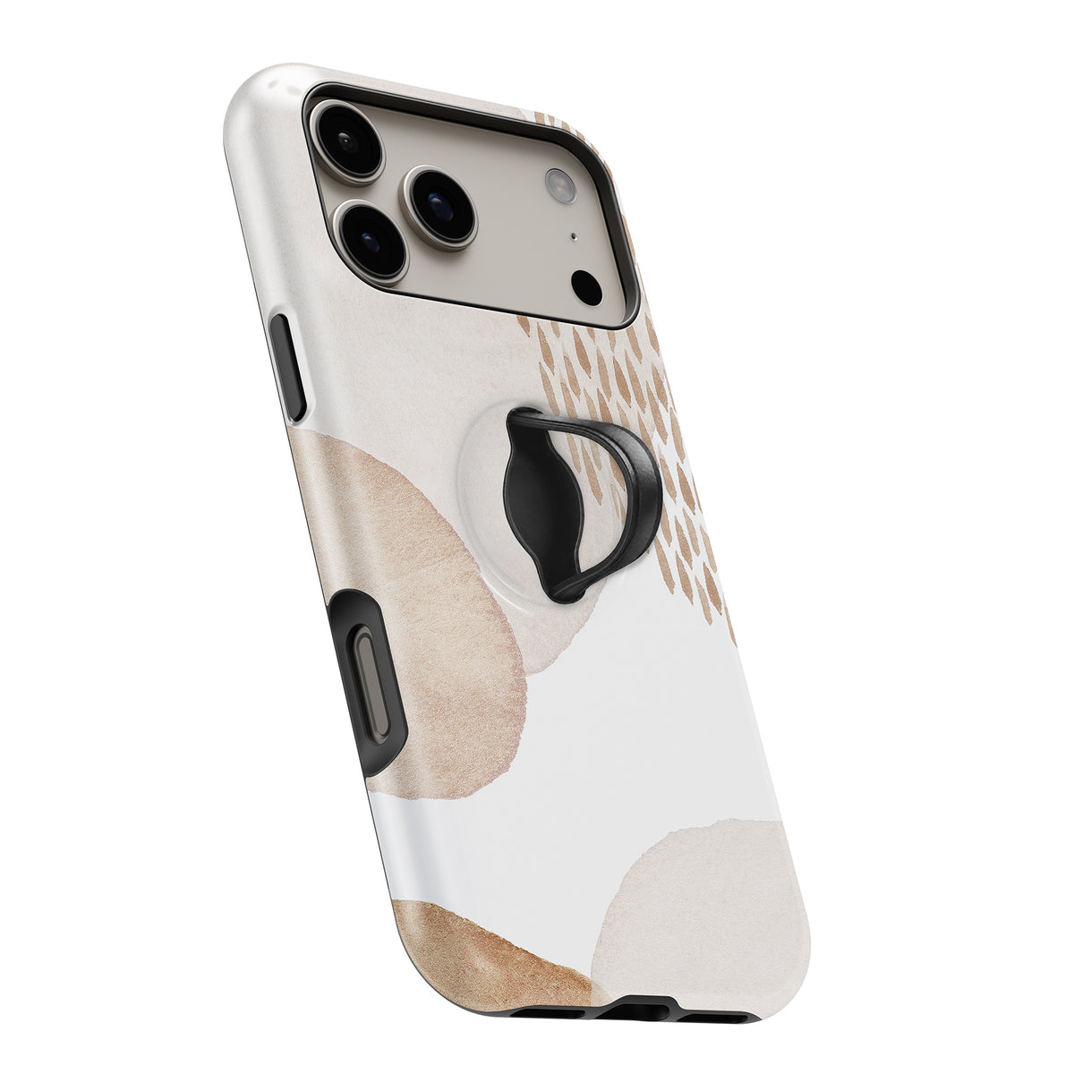 Beige Abstract Pebble MagSafe Loop iPhone case with built-in finger loop open