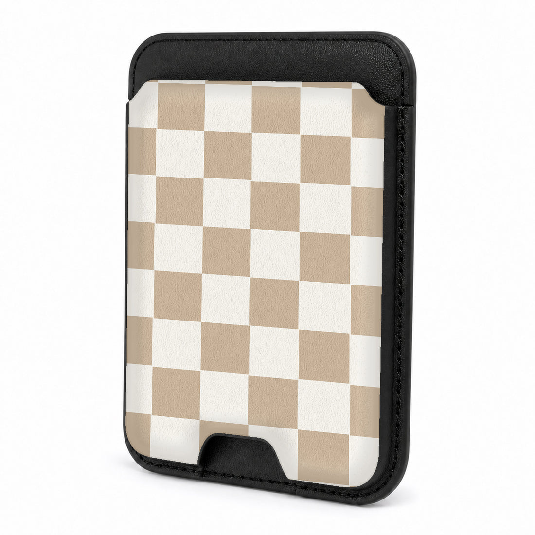 Front view of the Beige Checkerboard MagSafe card holder on a white background