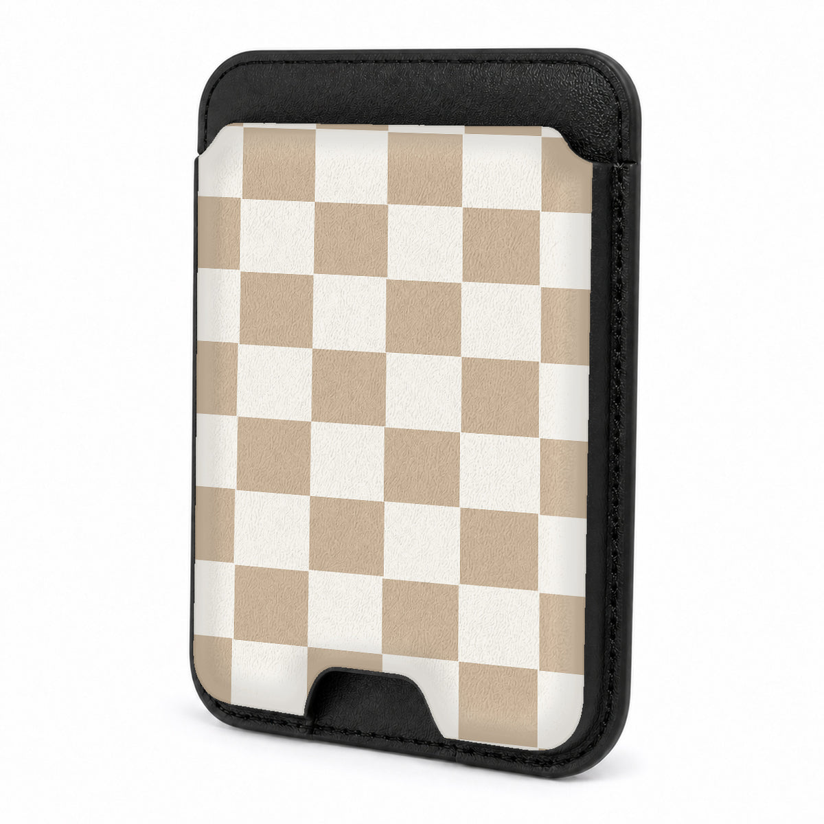 Front view of the Beige Checkerboard MagSafe card holder on a white background