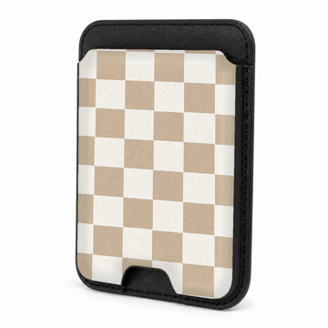 Front view of the Beige Checkerboard MagSafe card holder on a white background