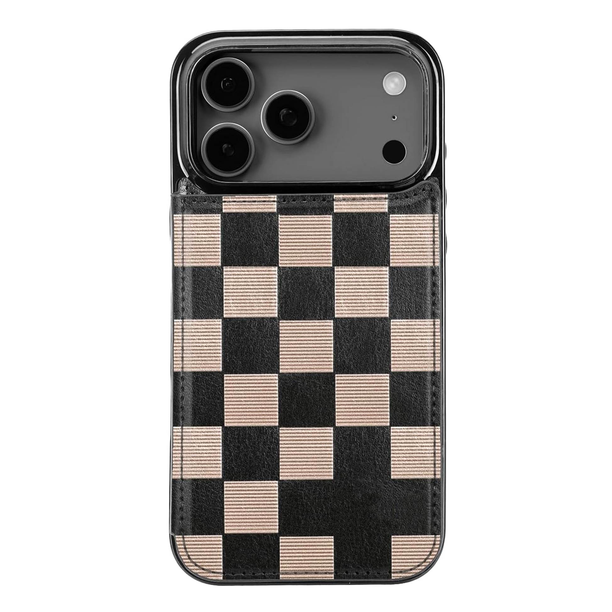 Black and brown checkerboard MagSafe flip wallet case for iPhone 17 Pro Max - Custom name preview base