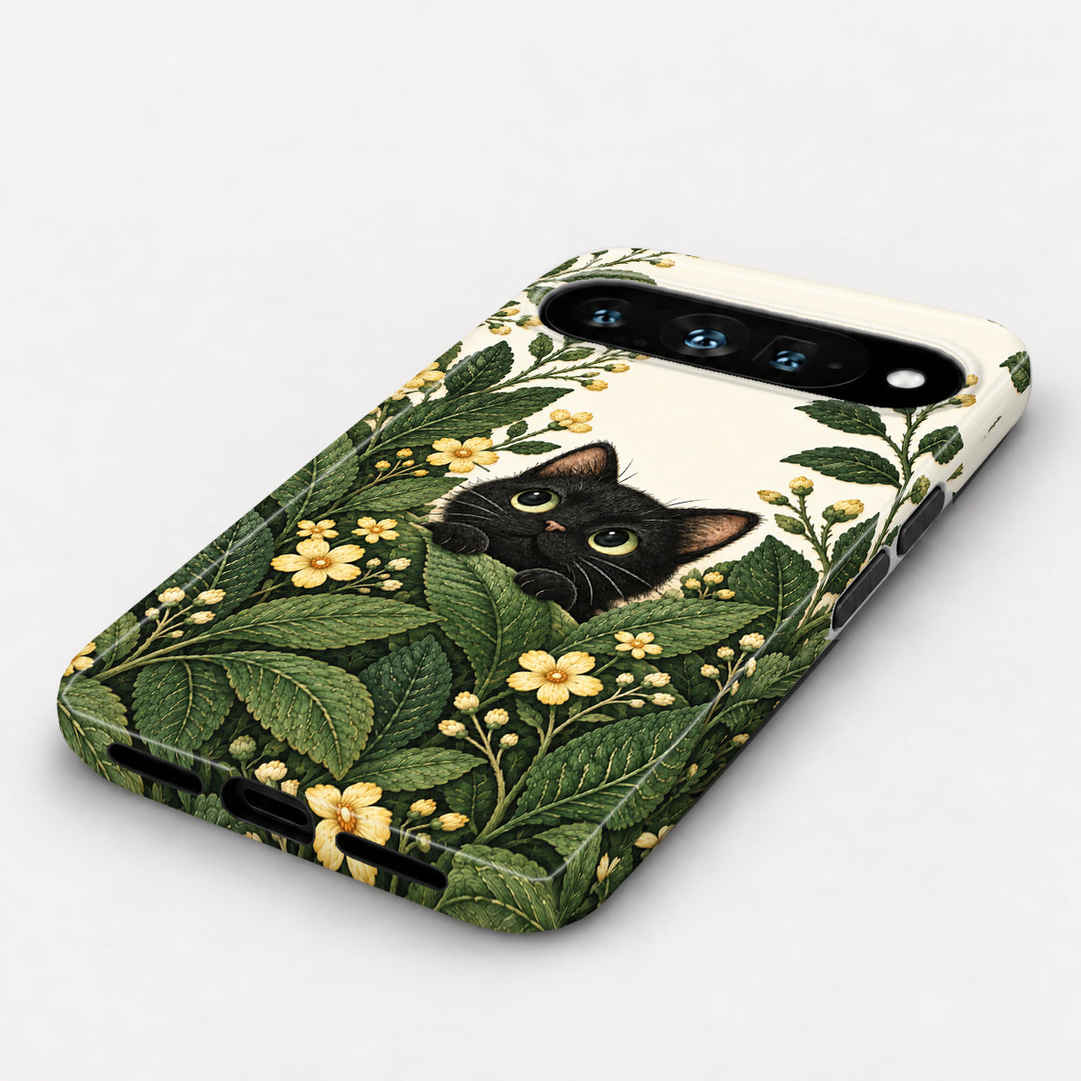 Black Cat Botanical Garden Google Pixel Case - angled bottom view