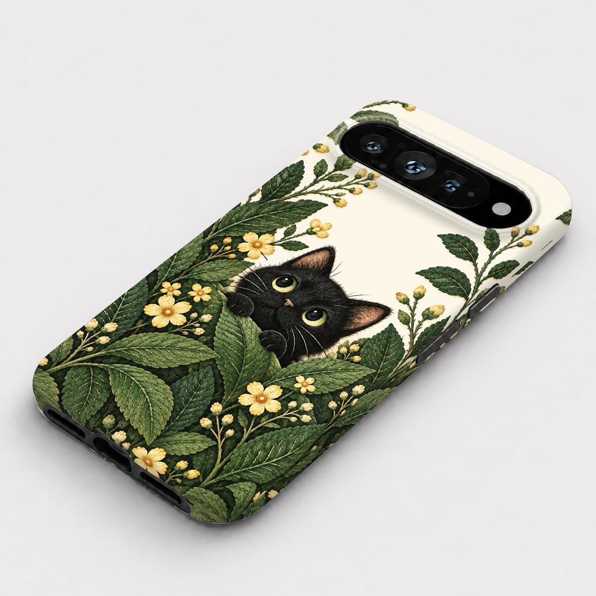 Black Cat Botanical Garden Google Pixel Case - flat angled view