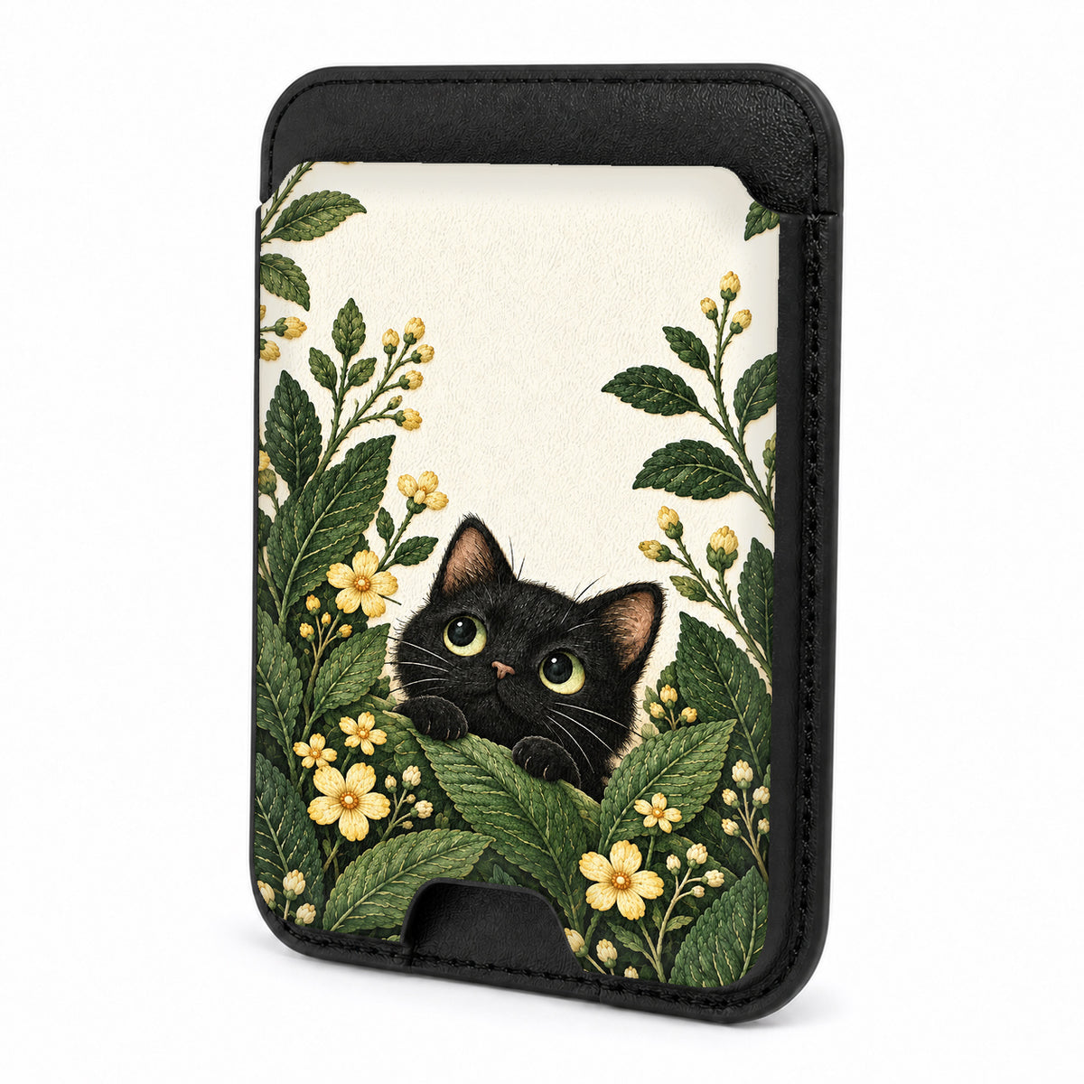 Black Cat Botanical Garden MagSafe Card Holder, front view