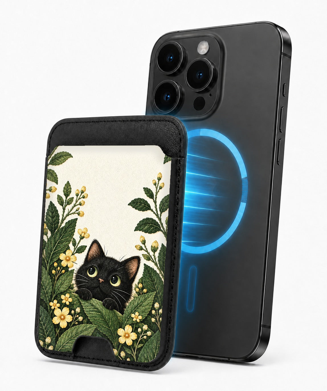 Black Cat Botanical Garden MagSafe Card Holder, magnetic attachment to a compatible iPhone