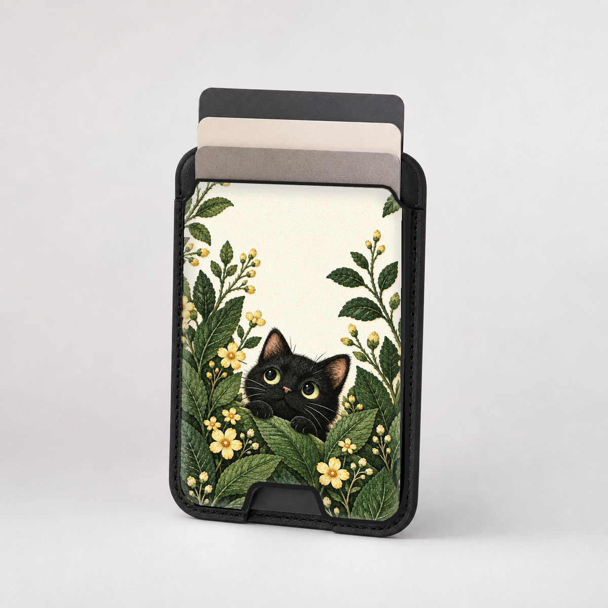 Black Cat Botanical Garden MagSafe Card Holder, card storage shown with cards