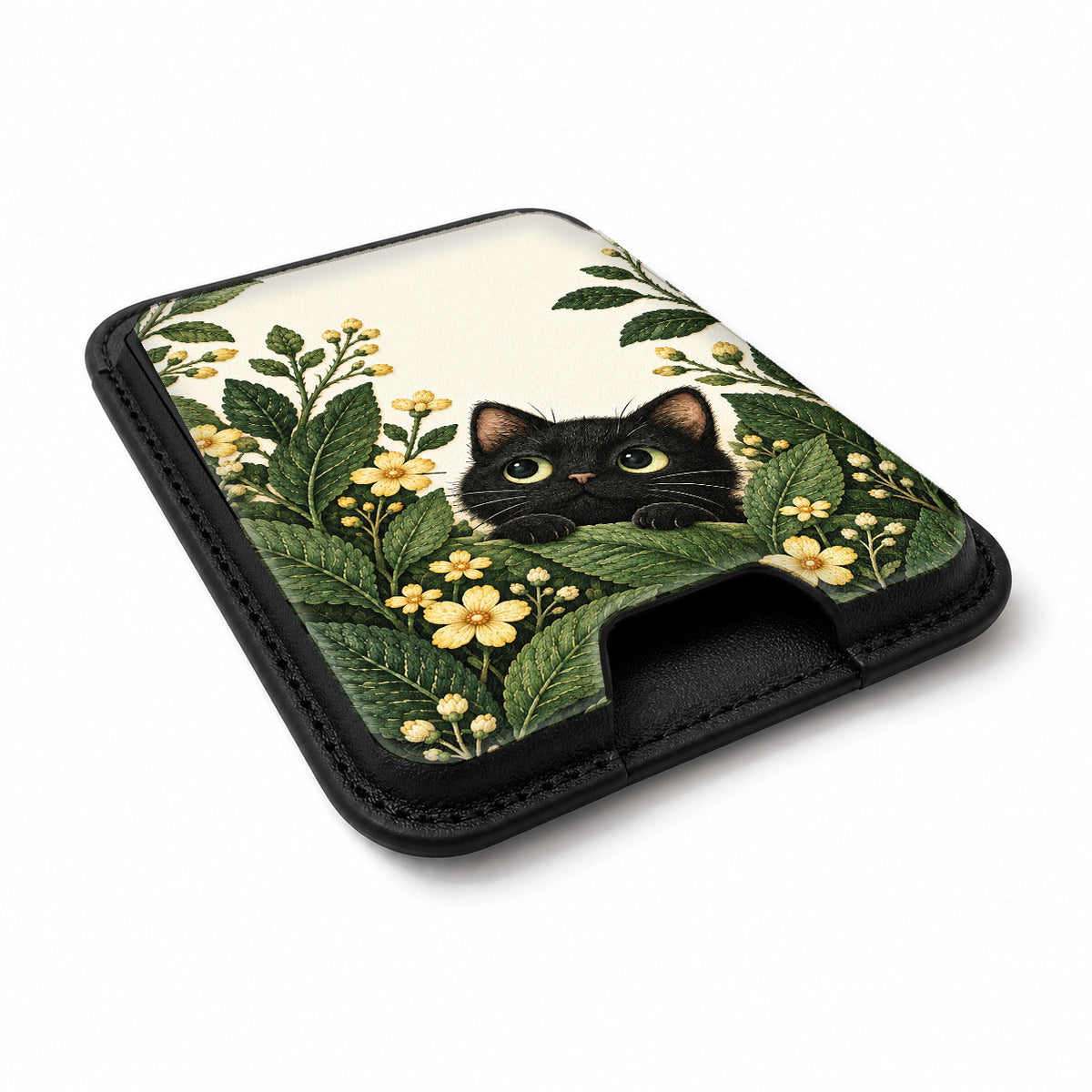 Black Cat Botanical Garden MagSafe Card Holder, angled view showing the thumb access opening