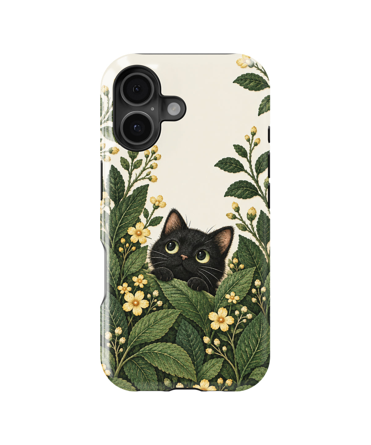 Black Cat Botanical Garden MagSafe iPhone Tough Case, rear view, iPhone16+16Plus+17 model image group