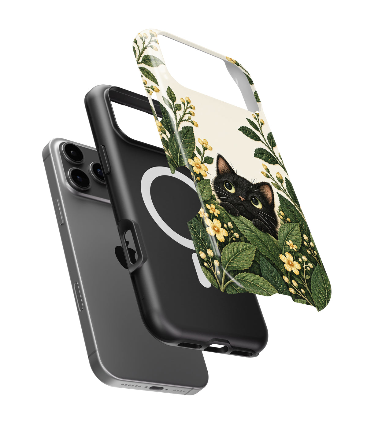 Black Cat Botanical Garden MagSafe iPhone Tough Case, exploded view showing outer shell, inner layer and magnetic ring