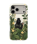 Black Cat Botanical Garden MagSafe Loop iPhone Case, rear view with built-in finger loop folded flat