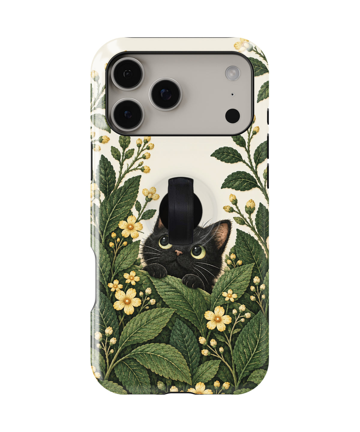 Black Cat Botanical Garden MagSafe Loop iPhone Case, rear view with built-in finger loop folded flat