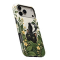 Black Cat Botanical Garden MagSafe Loop iPhone Case, angled view with finger loop extended