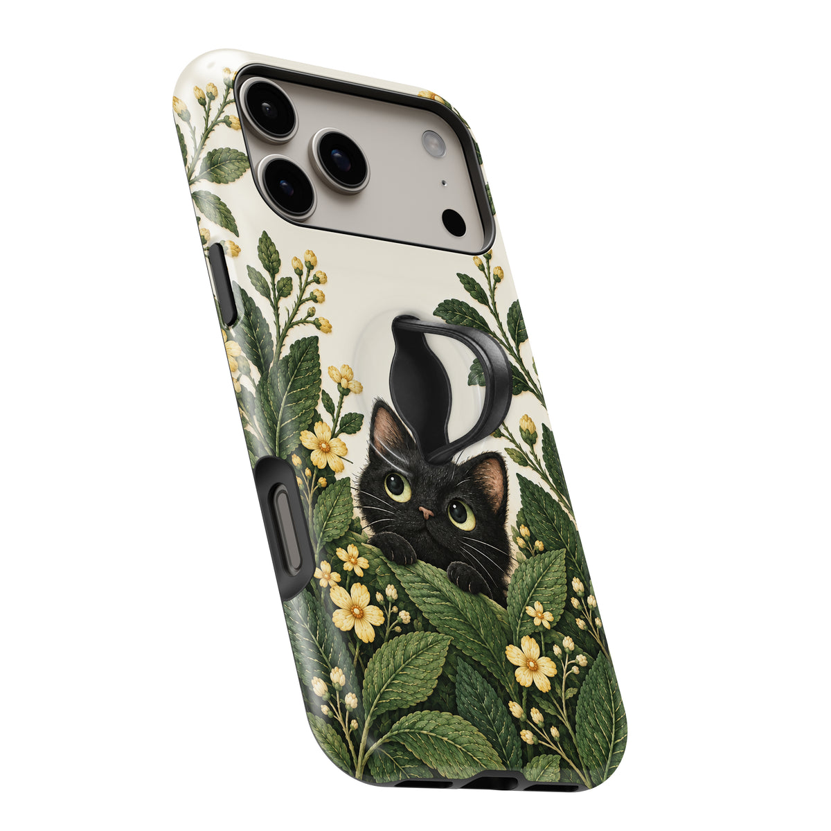 Black Cat Botanical Garden MagSafe Loop iPhone Case, angled view with finger loop extended
