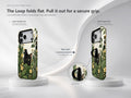 Black Cat Botanical Garden MagSafe Loop iPhone Case, finger loop folded and extended positions