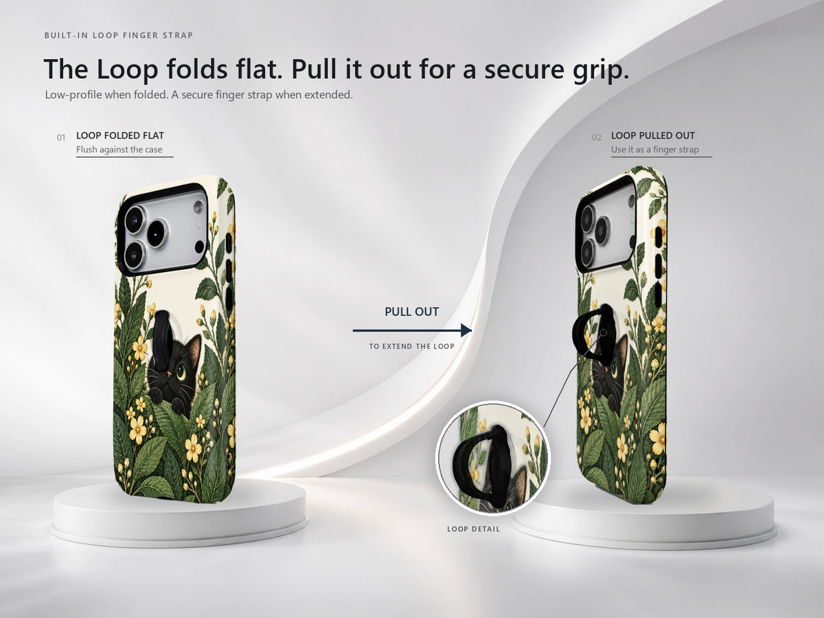 Black Cat Botanical Garden MagSafe Loop iPhone Case, finger loop folded and extended positions