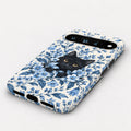 Black Cat in Blue Botanical Flowers Google Pixel Case - angled bottom view