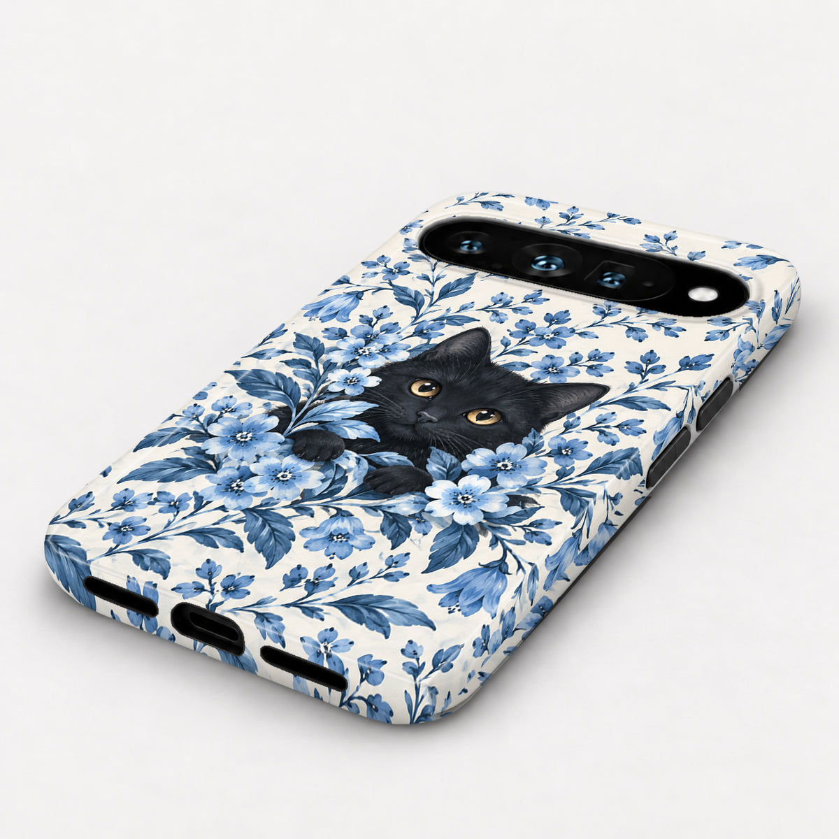 Black Cat in Blue Botanical Flowers Google Pixel Case - angled bottom view