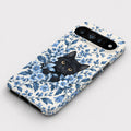Black Cat in Blue Botanical Flowers Google Pixel Case - flat angled view