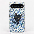 Black Cat in Blue Botanical Flowers Google Pixel Case - centered back view